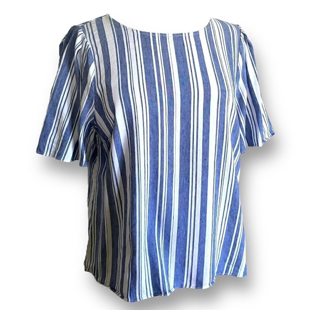 CAbi Womens Linen Blouse Sz M Blue White Stripe Short Sleeve Coastal Minimalist